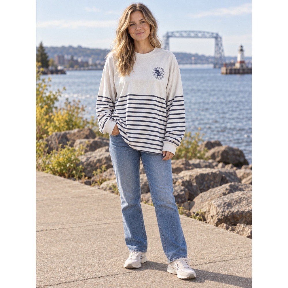 Duluth Pack Minnesota Spirit Jersey Striped Long Sleeve Shirt Cream Navy Blue